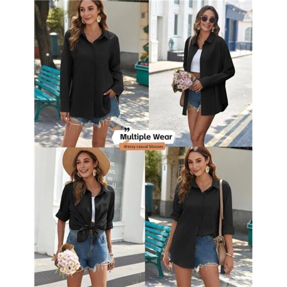 Womens Button Down Shirts Long Sleeve Black - Picture 2 of 3